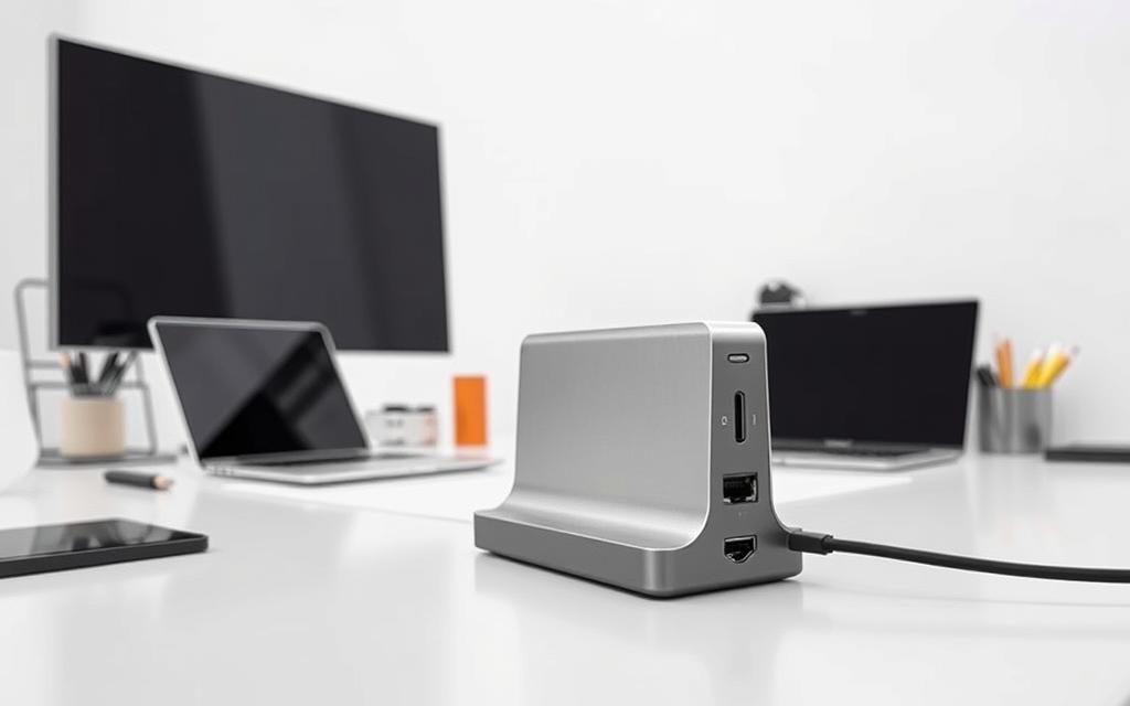 A high-quality, well-lit USB-C docking station standing prominently on a clean, minimalist desk. The docking station features a sleek, modern design with a brushed metal finish and a row of ports along the back, including USB-C, HDMI, and Ethernet. The docking station is surrounded by a tidy workspace, with a laptop, a pair of high-resolution monitors, and a neatly organized array of office supplies. The lighting is bright and even, creating a professional, productive atmosphere. The camera angle is slightly elevated, giving a clear, unobstructed view of the docking station and its surroundings.